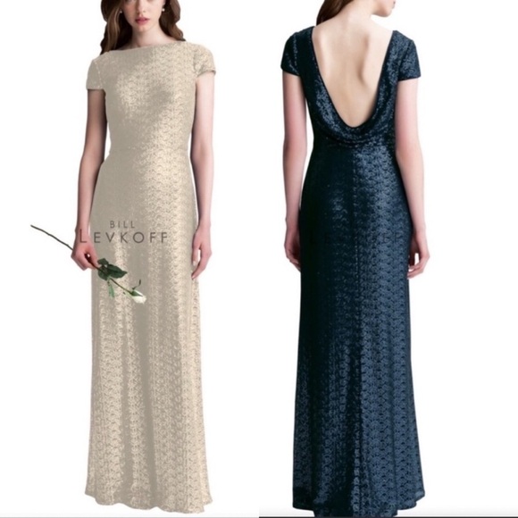 Bill Levkoff Ivory Sequined Evening Formal Maxi Dress Gown Size 2 scoop Back - Picture 12 of 12